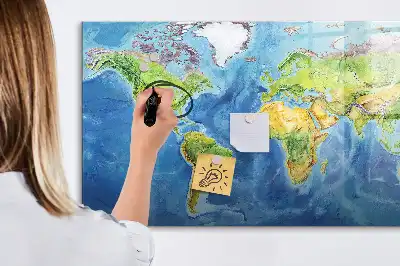 Magnetic glass dry erase board world map design