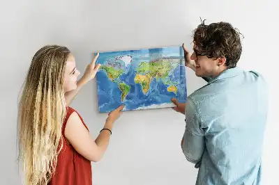 Magnetic glass dry erase board world map design
