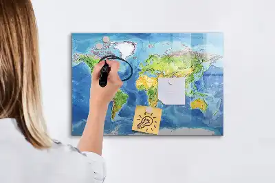 Magnetic glass dry erase board world map design