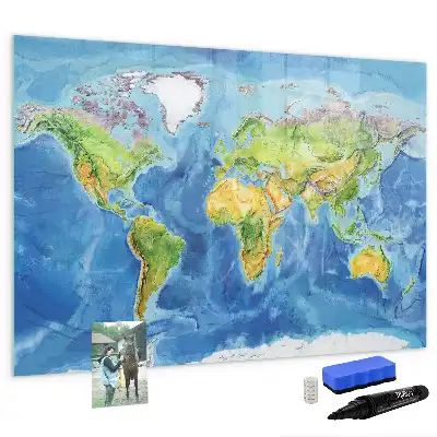 Magnetic glass dry erase board world map design