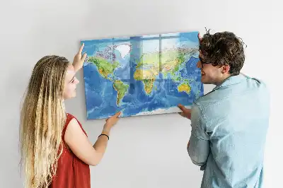 Magnetic glass dry erase board world map design