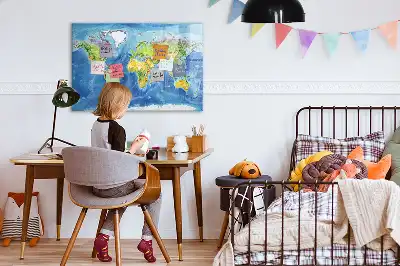 Magnetic glass dry erase board world map design