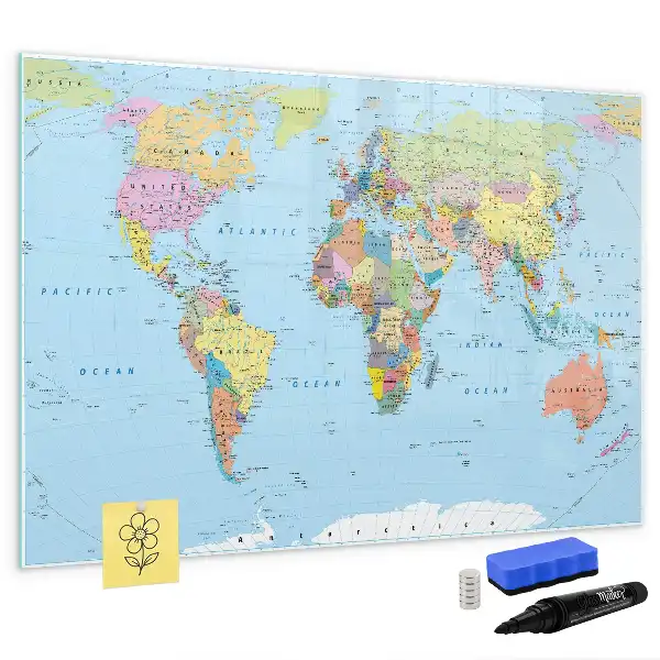 Magnetic glass dry erase board world map design