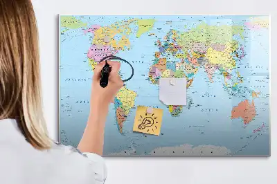 Magnetic glass dry erase board world map design