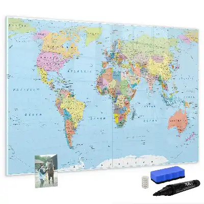 Magnetic glass dry erase board world map design