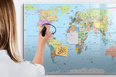 Magnetic glass dry erase board world map design