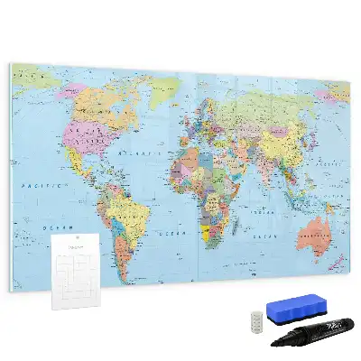 Magnetic glass dry erase board world map design