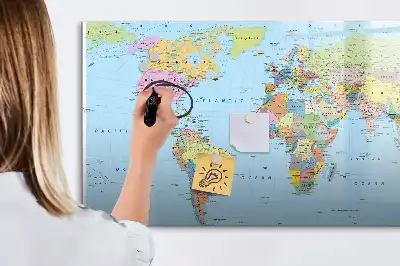 Magnetic glass dry erase board world map design