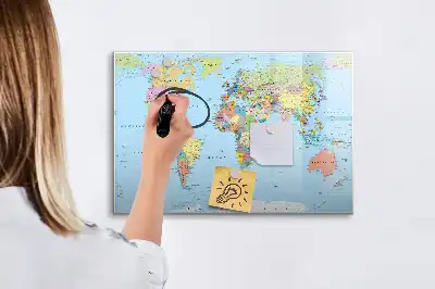 Magnetic glass dry erase board world map design