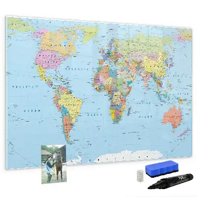 Magnetic glass dry erase board world map design