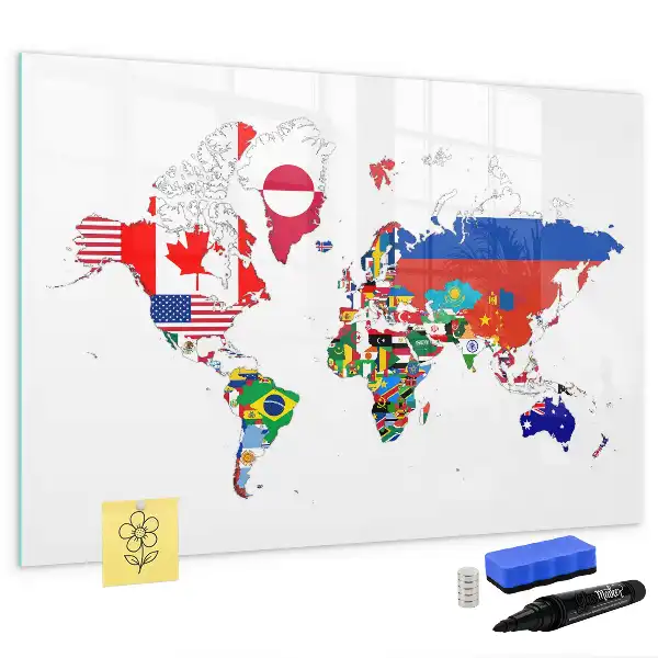 Magnetic glass dry erase board with national flags map print