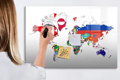 Magnetic glass dry erase board with national flags map print