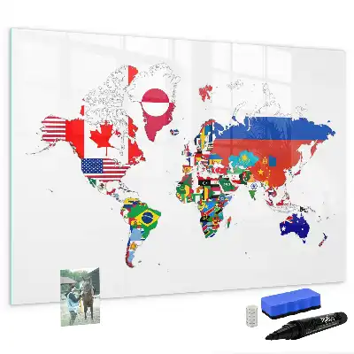 Magnetic glass dry erase board with national flags map print