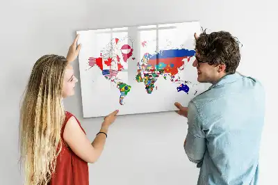 Magnetic glass dry erase board with national flags map print