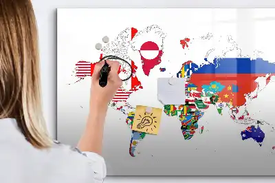 Magnetic glass dry erase board with national flags map print