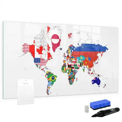 Magnetic glass dry erase board with national flags map print