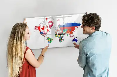Magnetic glass dry erase board with national flags map print