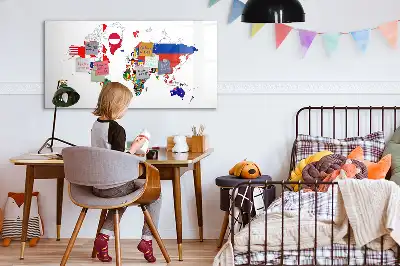 Magnetic glass dry erase board with national flags map print