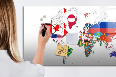 Magnetic glass dry erase board with national flags map print