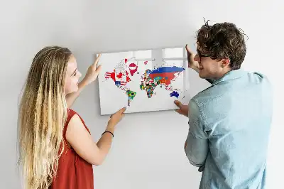 Magnetic glass dry erase board with national flags map print