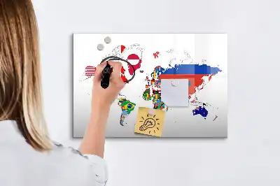 Magnetic glass dry erase board with national flags map print