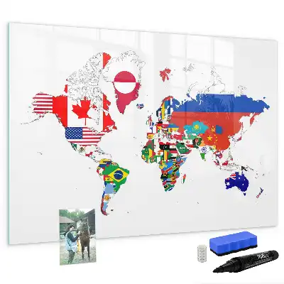 Magnetic glass dry erase board with national flags map print