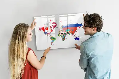 Magnetic glass dry erase board with national flags map print