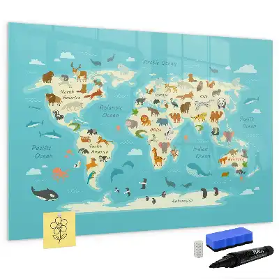 Magnetic glass dry erase board with animal world map design