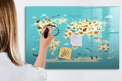 Magnetic glass dry erase board with animal world map design