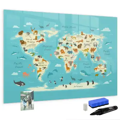 Magnetic glass dry erase board with animal world map design
