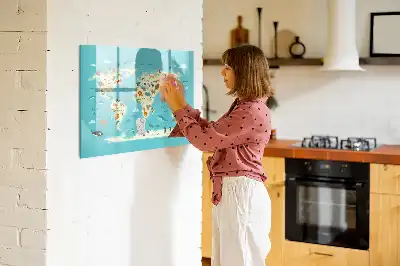 Magnetic glass dry erase board with animal world map design