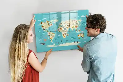 Magnetic glass dry erase board with animal world map design