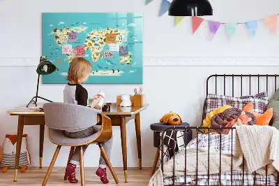 Magnetic glass dry erase board with animal world map design