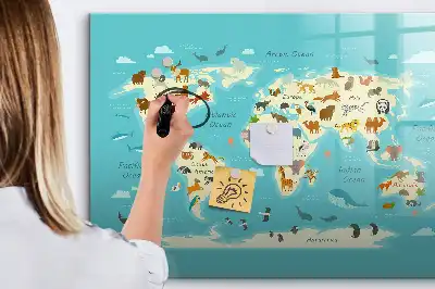 Magnetic glass dry erase board with animal world map design