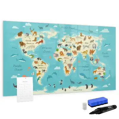 Magnetic glass dry erase board with animal world map design