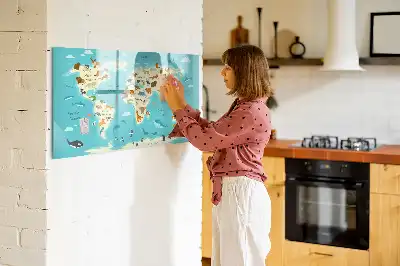 Magnetic glass dry erase board with animal world map design