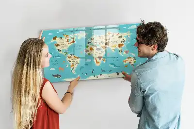 Magnetic glass dry erase board with animal world map design
