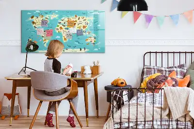 Magnetic glass dry erase board with animal world map design