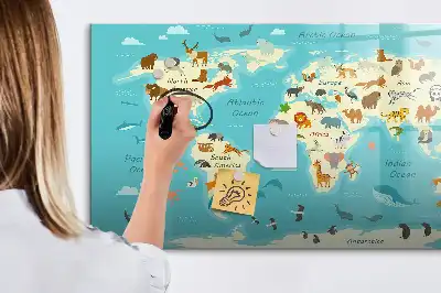 Magnetic glass dry erase board with animal world map design