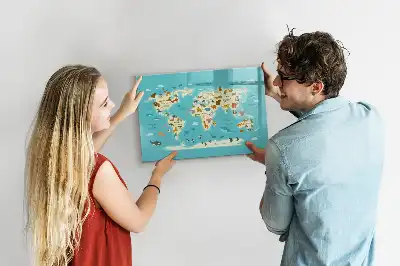 Magnetic glass dry erase board with animal world map design