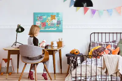 Magnetic glass dry erase board with animal world map design