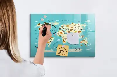 Magnetic glass dry erase board with animal world map design