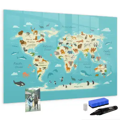 Magnetic glass dry erase board with animal world map design