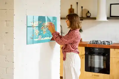 Magnetic glass dry erase board with animal world map design