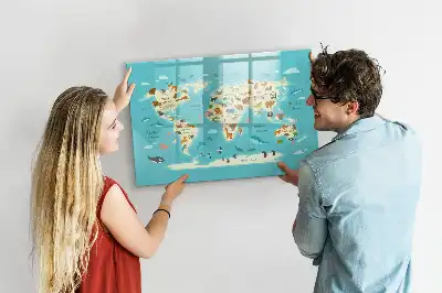Magnetic glass dry erase board with animal world map design