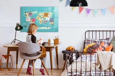 Magnetic glass dry erase board with animal world map design