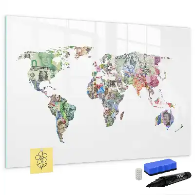 Magnetic glass dry erase board with banknote map design