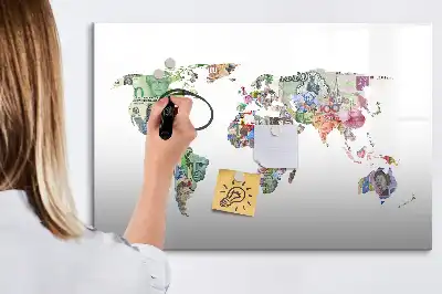 Magnetic glass dry erase board with banknote map design
