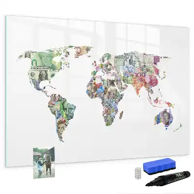Magnetic glass dry erase board with banknote map design