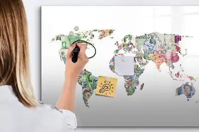 Magnetic glass dry erase board with banknote map design
